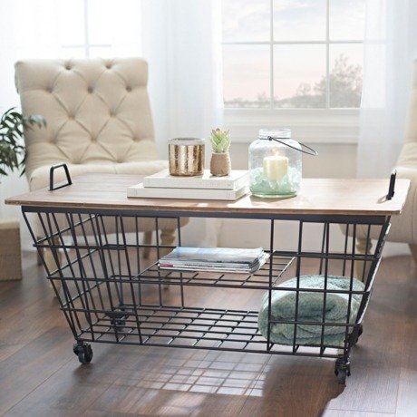 Wire Wood Top Storage Cart Coffee Table