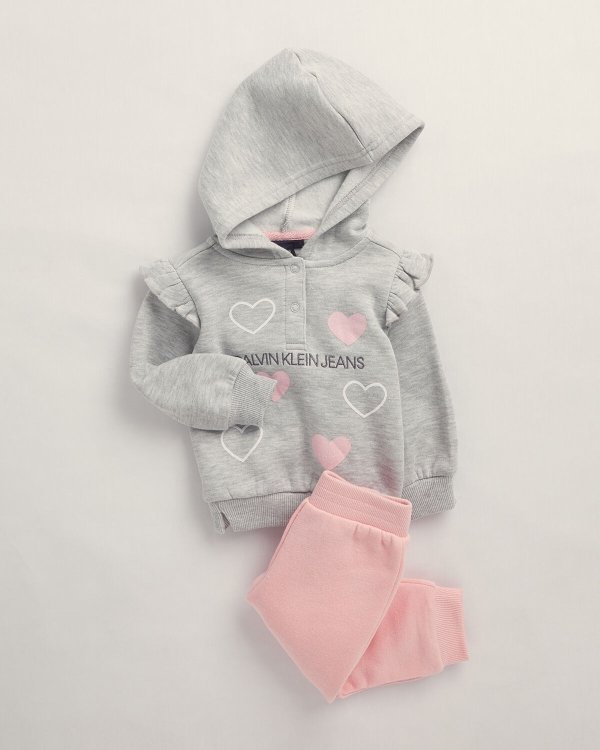 (Newborn Girls) Two-Piece Heart Print Fleece Hoodie & Pants Set