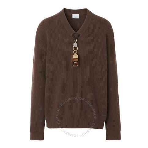 Men's Brown Wool V-Neck Gold-Plated Whistle Detail Rib Knit Sweater