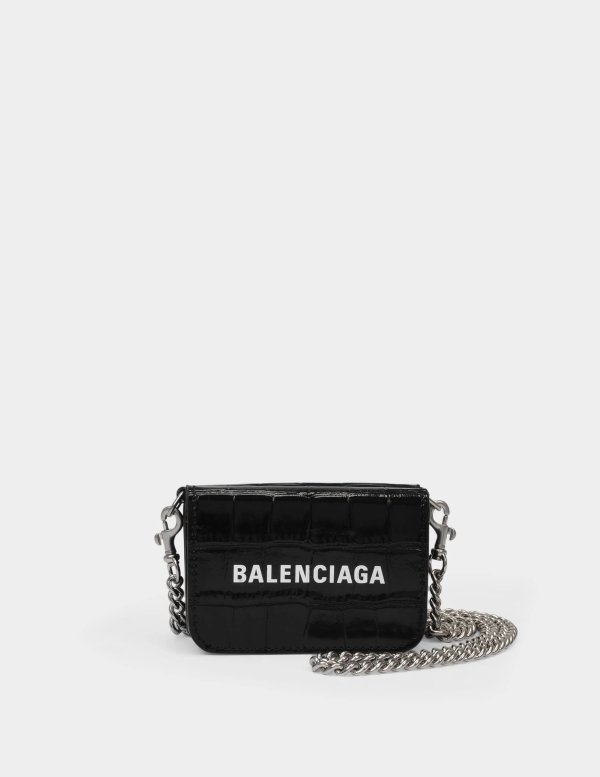 Cash Mini Wallet on Chain in Black Shiny Embossed Croc Calfskin