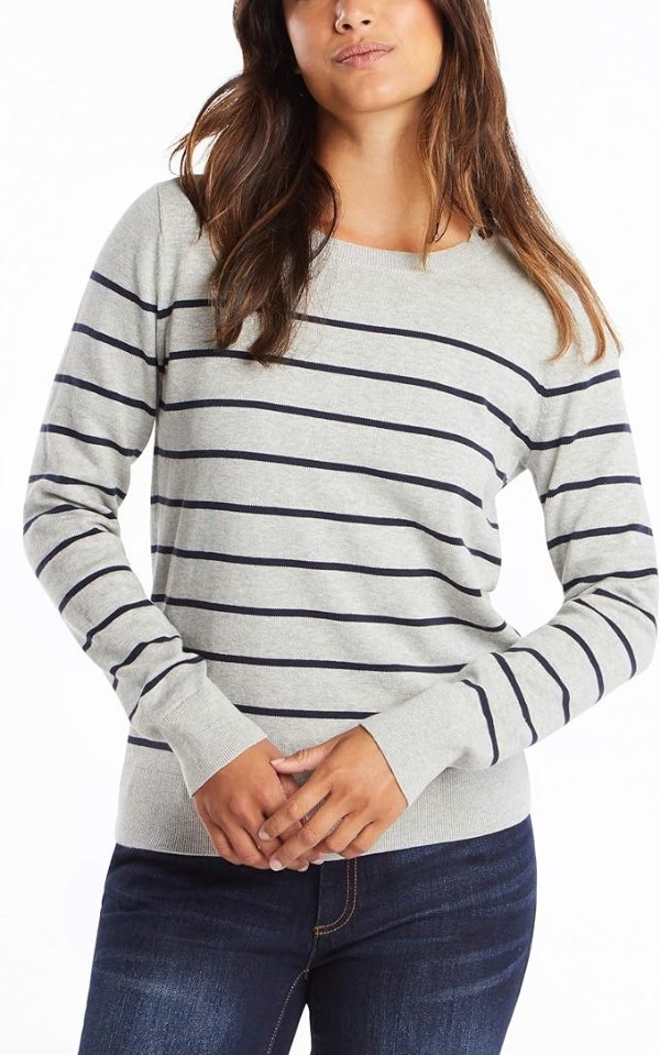 Women's Year-Round Long Sleeve 100% Cotton Striped Crewneck Sweater