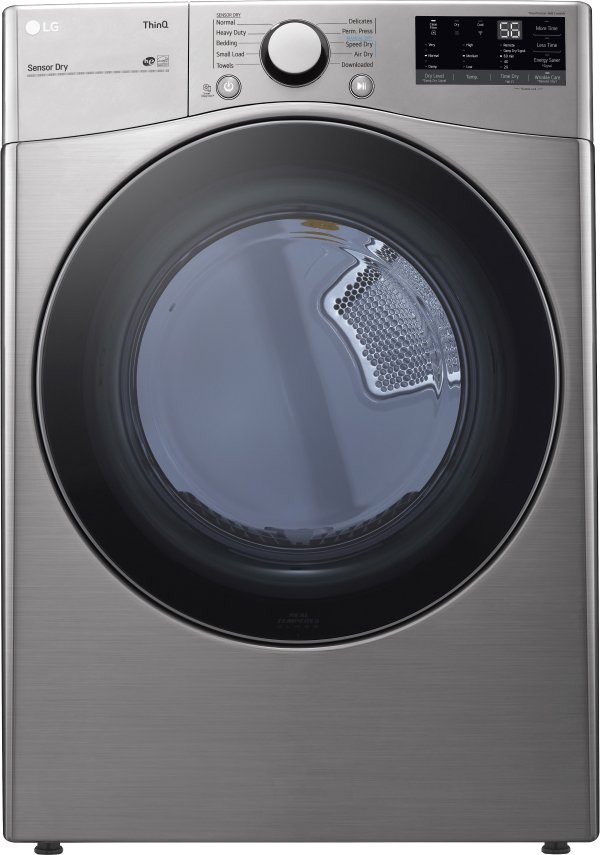 LG DLE3600V 27 Inch Smart Electric Dryer with 7.4 Cu. Ft. Capacity, 9 Options, 10 Programs, AI Fabric Sensor, Sensor Dry, Smart Pairing™, LG ThinQ® Technology, Proactive Customer Care, Tempered Glass Door, Closet Depth, and LoDecibel™ Quiet Operation: Graphite Steel