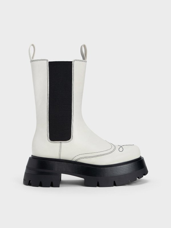 White Lenox Stitch-Trim Chelsea Boots | CHARLES &amp; KEITH