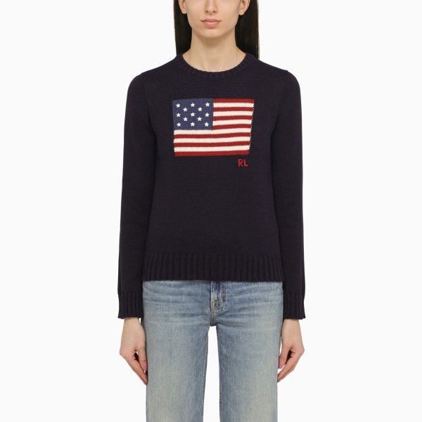 Navy blue cotton crew-neck sweater with flag