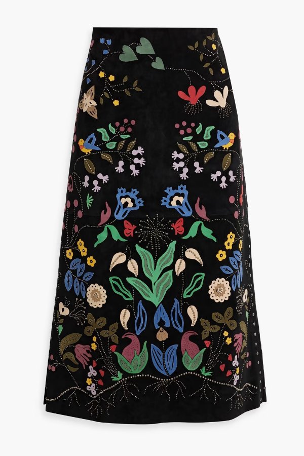 Embellished suede midi skirt
