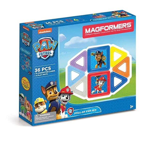 Magformers Paw Patrol 36 Pieces Pull Up Pup Set, Rainbow Colors, Educational Magnetic Geometric Shapes Tiles Building STEM Toy Set Ages 3+