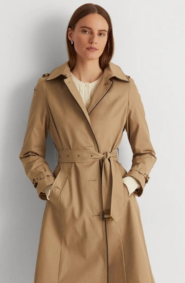 Water Resistant Cotton Blend Trench Coat with Removable Hood