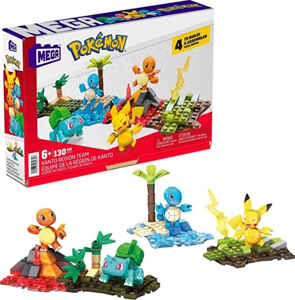 Pokemon Kanto Region Team Toy Building Set, Pikachu, Squirtle, Charmander, Bulbabsaur, 130 Bricks and Special Pieces, for Boys and Girls, Ages 6+