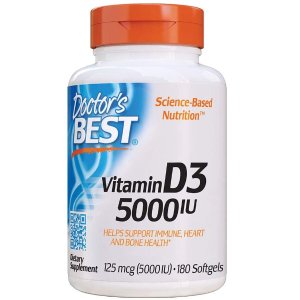 Doctor's Best Vitamin D3 5000IU, Non-GMO, Gluten & Soy Free, Regulates Immune Function, Supports Healthy Bones, White,  180 Count