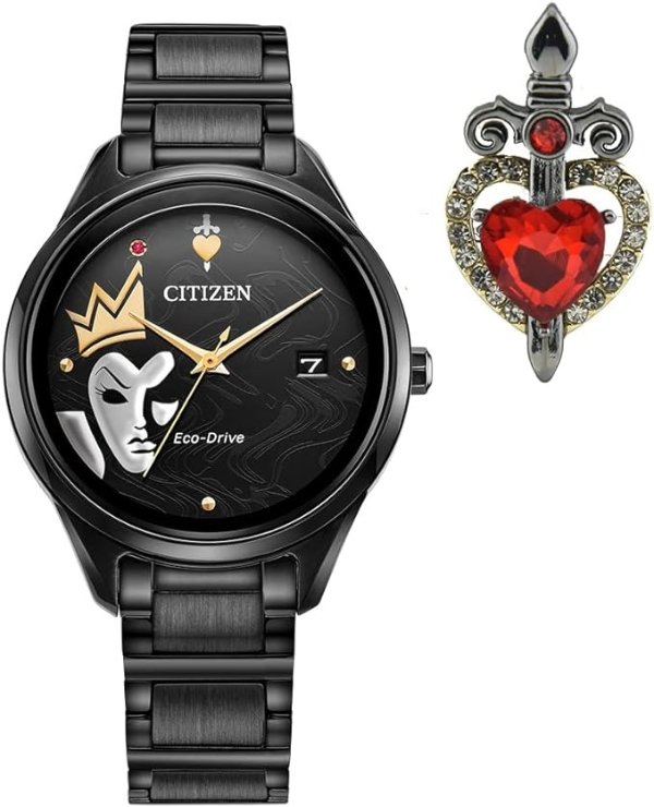 Women's Eco-Drive Disney Villain Evil Queen Crystal Watch and Pin Gift Set in Black IP Stainless Steel, Snow White Art Black Dial (Model: FE6107-68W)