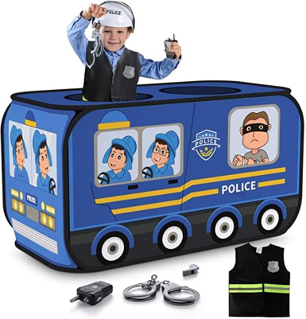 Police Car Kids Play Tent - Foldable Pop Up Pretend Play Tent | Playhouse for Kids Outdoor Indoor | Included Role Play Policeman Costume and Tools (44x16in)