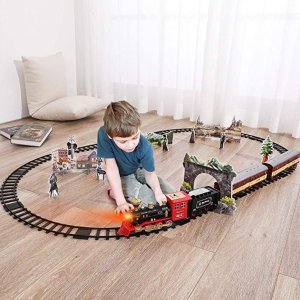Temi Train Sets w/ Steam Locomotive Engine, Cargo Car and Tracks