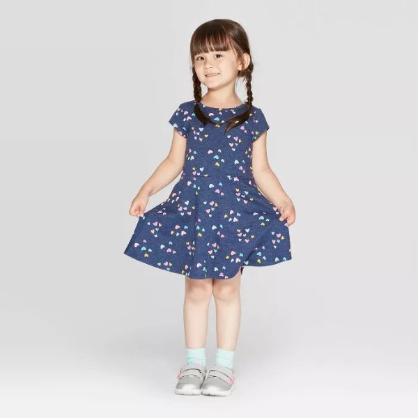 Toddler Girls' Short Sleeve Heart Print Knit Dress - Cat & Jack™ Navy