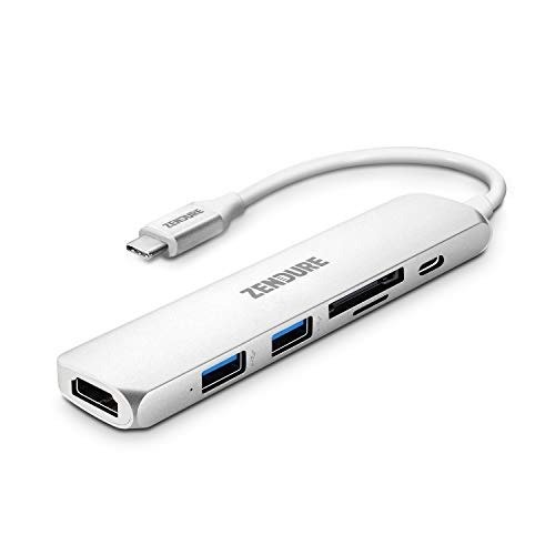 6-in-1 USB-C Hub, 49W Slim Aluminum Adapter with 4K USB C to HDMI, microSD/SD Card Reader, 2 USB 3.0 Ports, for MacBook, iPad Pro 2018, ChromeBook, XPS, Hp and More - Silver
