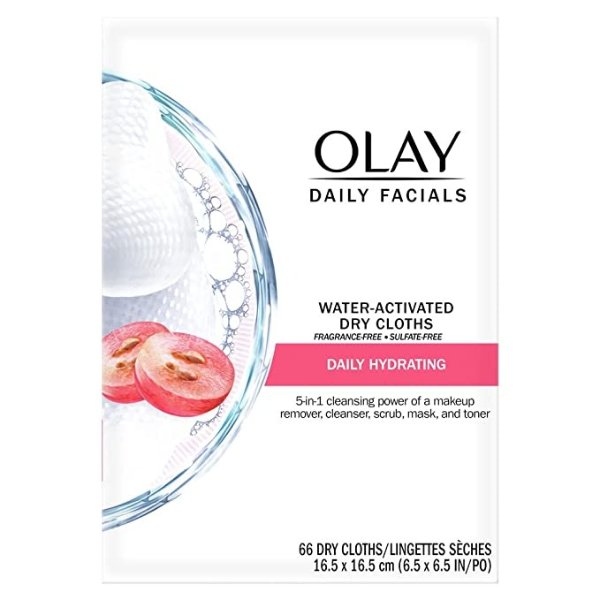 Daily Facials, Daily Clean Makeup Removing Facial Cleansing Wipes, 5-in-1 Water Activated Cloths, Exfoliates, Tones and Hydrates Skin, 66 count