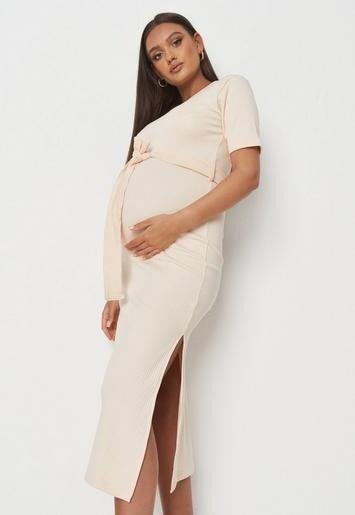 - Peach Rib Side Split Belted Maternity Midi Dress
