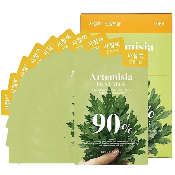 BRING GREEN ARTEMISIA 90% Fresh Mask(10 Count) | with Natural Ingredients, Beta-Carotene, Rosemary Leaf Oil, Daily Skincare Facial Mask Sheet for Moisturizing, Calming, Purifying, Sensitive to Dry Skin, Hydrating Face Mask for All Skin Types, Natural Skin Care Mask for Daily Use