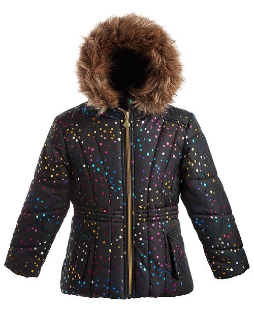 Toddler Girls Hooded Foil-Print Jacket With Faux-Fur Trim