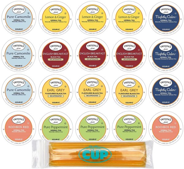Herbal & Decaffeinated Sampler - 20 Count Assorted Keurig 2.0 K-Cups - With By The Cup Honey Sticks