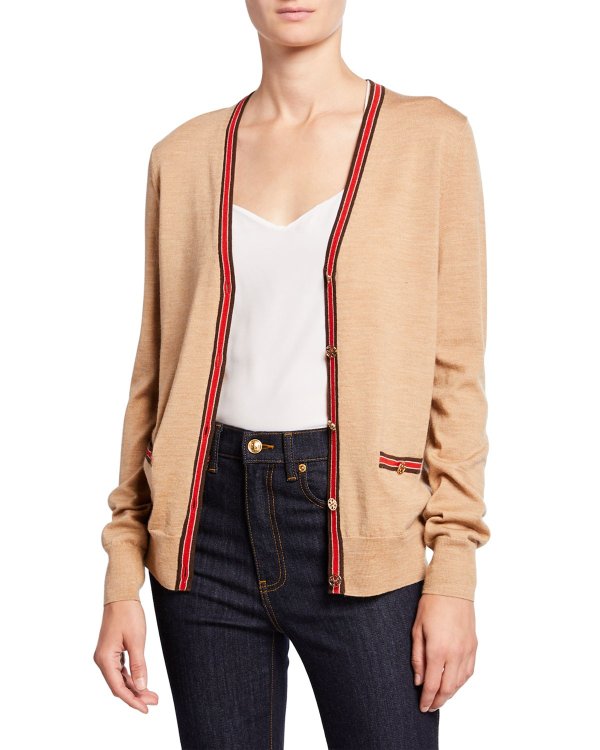 Madeline Wool V-Neck Button-Front Cardigan w/ Contrast Trim