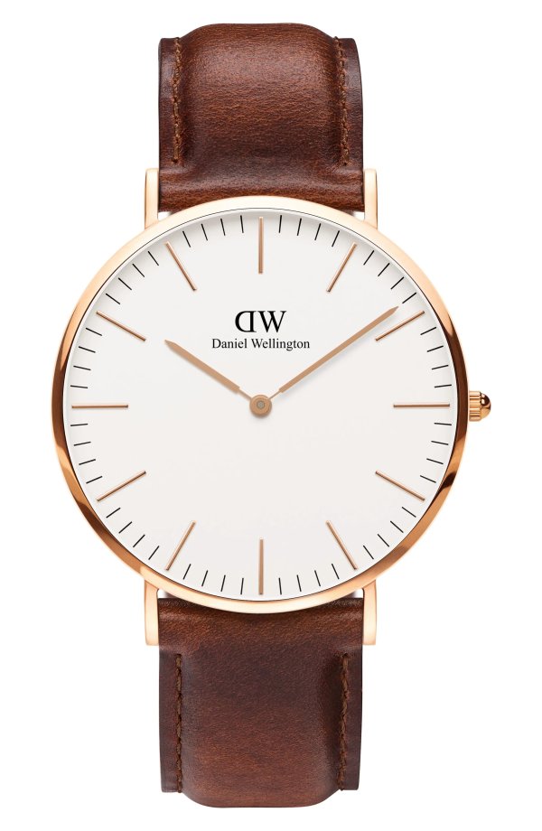 Classic St. Mawes Leather Strap Watch, 40mm