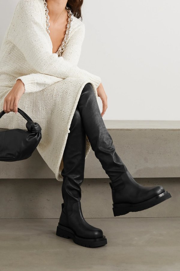 Rubber-trimmed leather over-the-knee boots