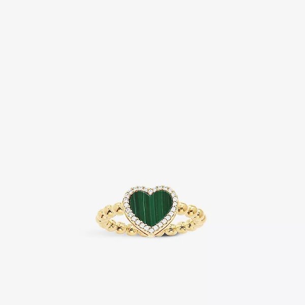 Malachite heart 18ct yellow gold-plated metal alloy and zirconia ring