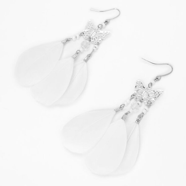 Silver Butterfly 3" White Feather Drop Earrings