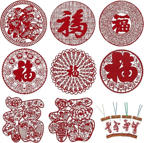 Chinese Handmade Paper-Cut - 8 Pcs Traditional Art Paper Cutting Souvenir Collection with 4 Pcs Scissors-Cut Bookmarks - Intangible Cultural Heritage for Chinese New Year Decorations