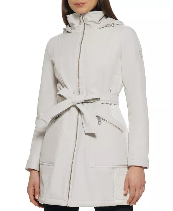 Women's Hooded Zip-Front Belted Softshell Raincoat