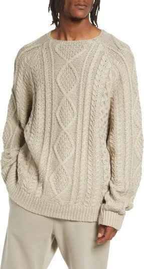 Cotton Blend Cable Knit Crewneck Sweater