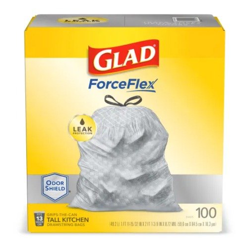 Glad ForceFlex Drawstring Trash Bags, 13 Gallons, White, Box Of 100 Bags