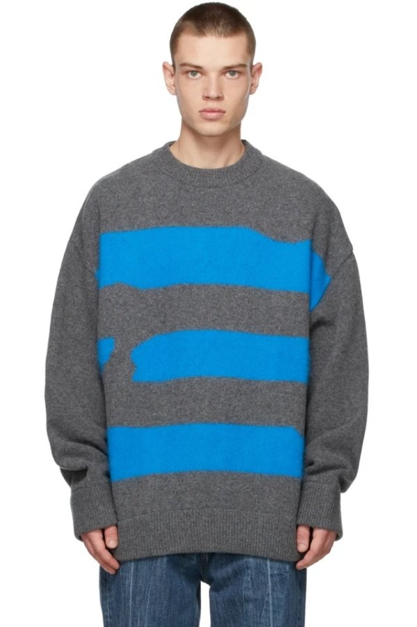 Grey & Blue Wool Striped Sweater