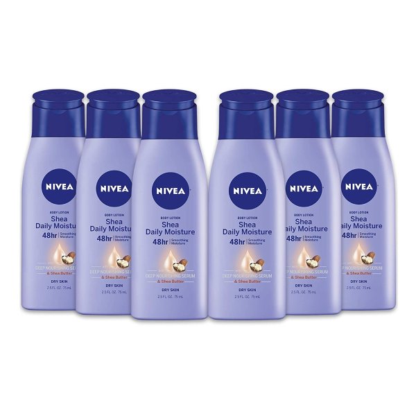 Shea Daily Moisture Body Lotion, Dry Skin Lotion with Shea Butter, Pack of 6, 2.5 Fl Oz Travel Size Toiletries