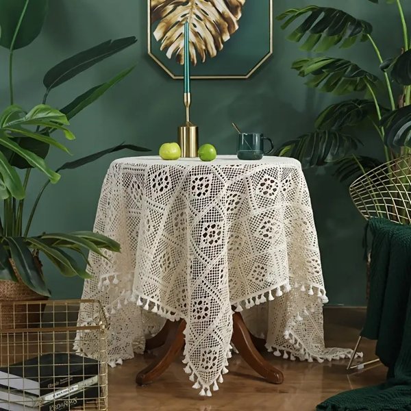 1pc Vintage Crochet Table Cover Pastoral Style Hollow Out Tablecloth With Tassel Lace Doilies Cotton Beige Square Tablecloths Table Topper Wedding Home Party Decoration - Home & Kitchen - Temu