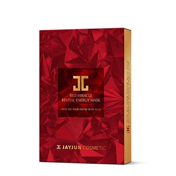 JAYJUN Red Miracle Revital Energy Mask, Pack of 10 Sheets, 18ml, 0.61 fl. oz., Pomegranate, Ruby Powder, Antiaging, Firming, Sheet Mask
