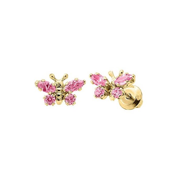  14K Yellow Gold Children's Lab-Created Pink Crystal Butterfly Stud Earrings