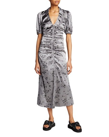 Stretch Satin Ruched Floral-Print Dress