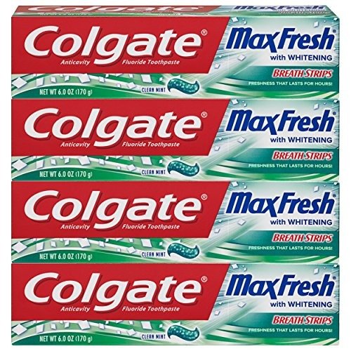Max Fresh Whitening Toothpaste with Breath Strips, Clean Mint - 6 ounce ,4 Count