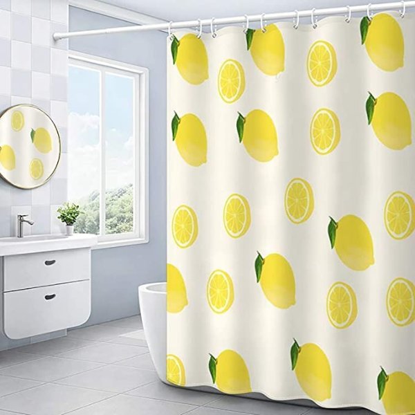 Inshere Polyester Shower Curtain, Cute Colorful Bathroom Curtains Decor, Bright Fruit Shower Curtain with Hooks, Funny Watercolor Fruit Theme Summer, Waterproof Fabric, Lemon Yellow 70.8'' X 70.8''