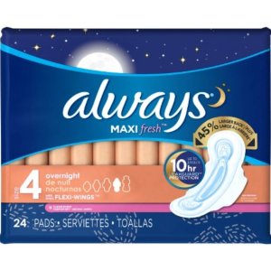 Always Maxi Size 4 Overnight Pads with Wings, Clean Scent, 24 Count