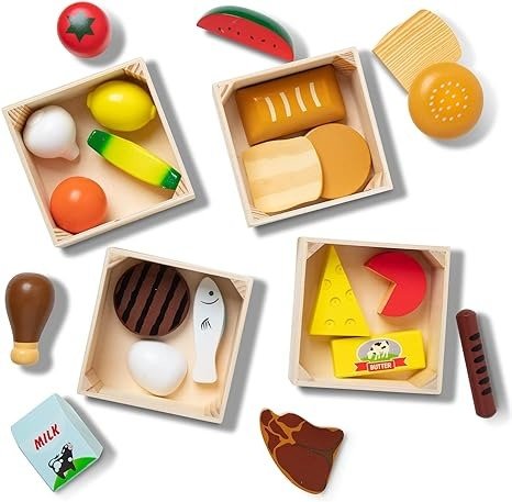 Food Groups - Wooden Play Food, Pretend Play, 21 Hand-Painted Wooden Pieces and 4 Crates, 12.5" H x 8.75" W x 12.5" L