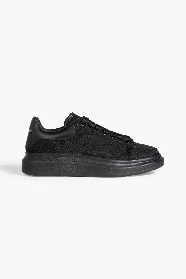 Leather-trimmed mesh exaggerated-sole sneakers