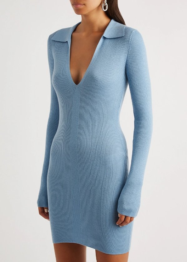 Freya blue ribbed-knit mini dress