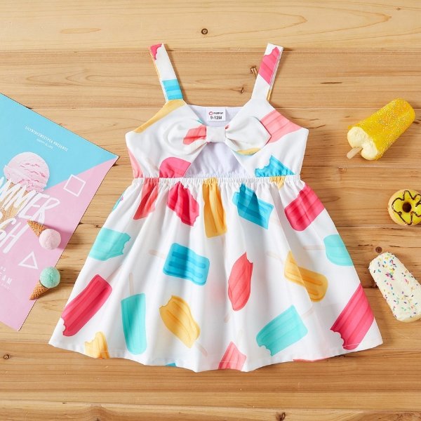 1pc Baby Girl Sleeveless Ice Candy Print Cotton & Polyester Bowknot Dress