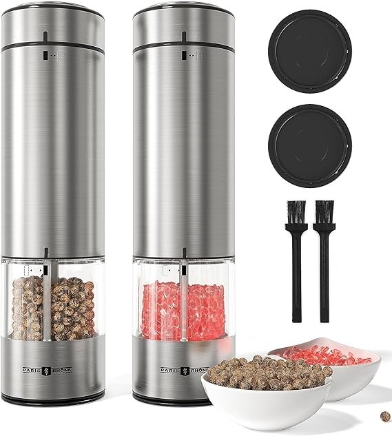 Salt and Pepper Grinder Set, Paris Rhone Electric Pepper Grinder, Battery Operated One Hand Operation Mill Grinder with Light, 5-Level Adjustable Coarseness, 2 Pack (Battery Not Included)