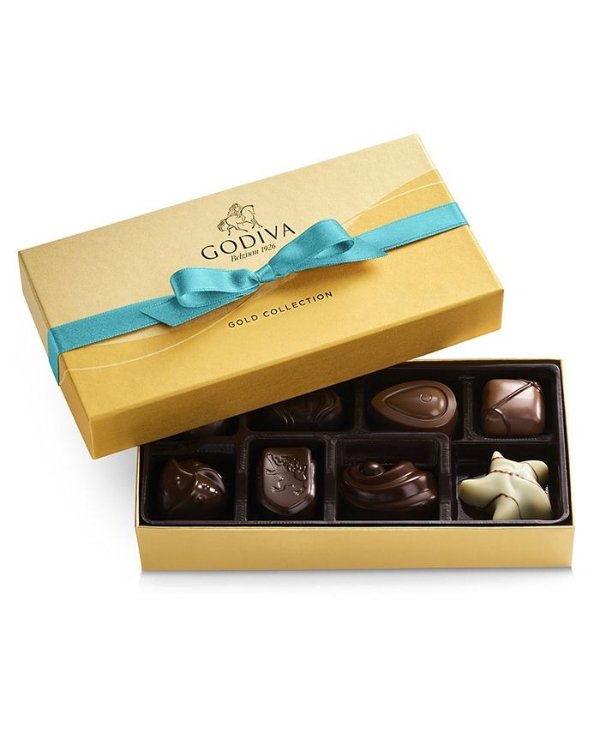 Assorted Chocolate Gold-Collection Gift Box with Spring Ribbon, 8 Pieces