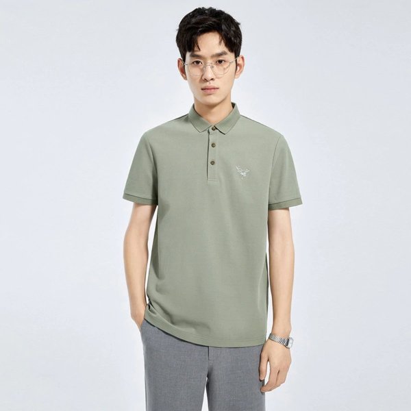 Green Chest Embroidered Ribbed Cuffs Polo Shirt | Peacebird Men Fashion