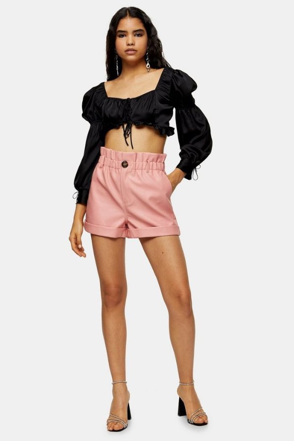 Pink PU Paperbag Shorts