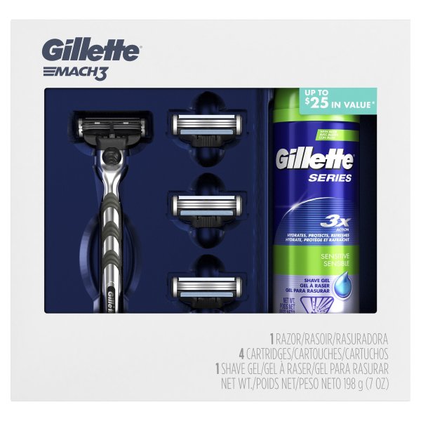 Gillette Mach3 Men's Razor Holiday Gift Pack including 1 Razor, 4 Razor Blades, and 1 Shave Gel
